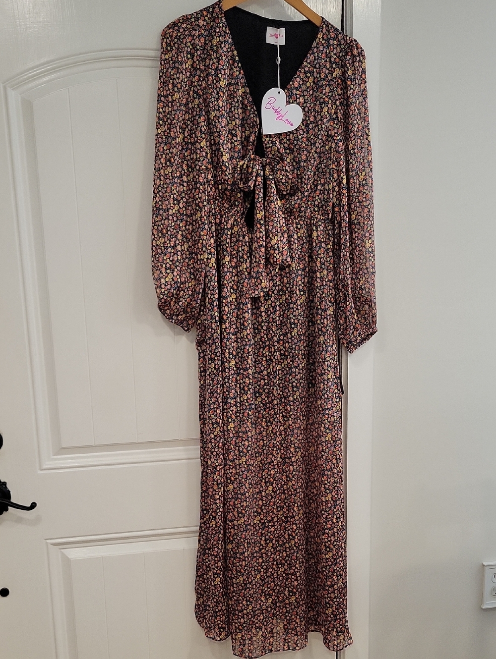 Buddy Love, DESIRAE LONG SLEEVE MAXI DRESS - Color Burst, LARGE Bow-Front